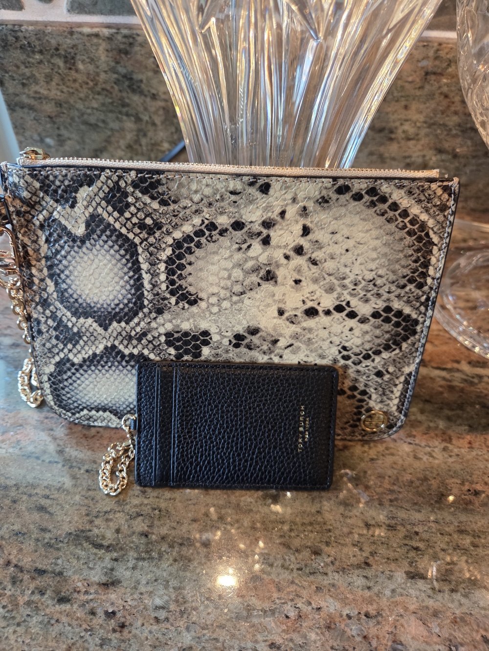 Tory Burch Snake-print Large Wristlet With Black Pebbled Leather Card Case